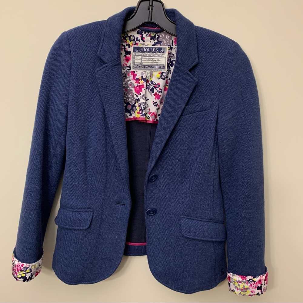 Beautiful blue Joules tweed blazer jacket with floral pattern on sleeves